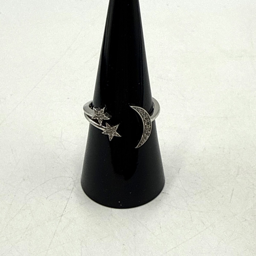 Celestial Silver Tone Crescent Moon and Stars Bypass Ring Size 8